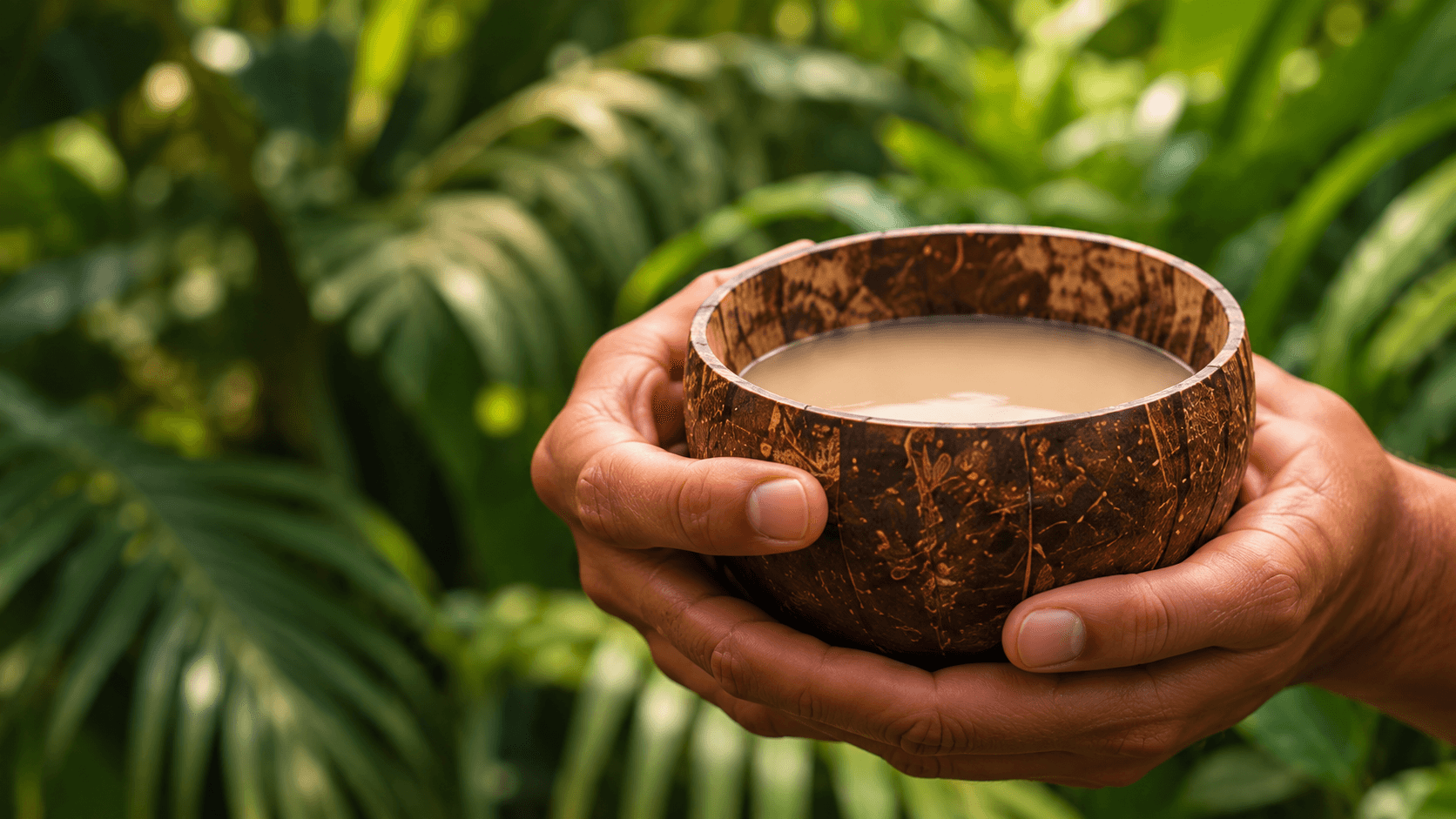 Hands holding a coconut bowl of kava