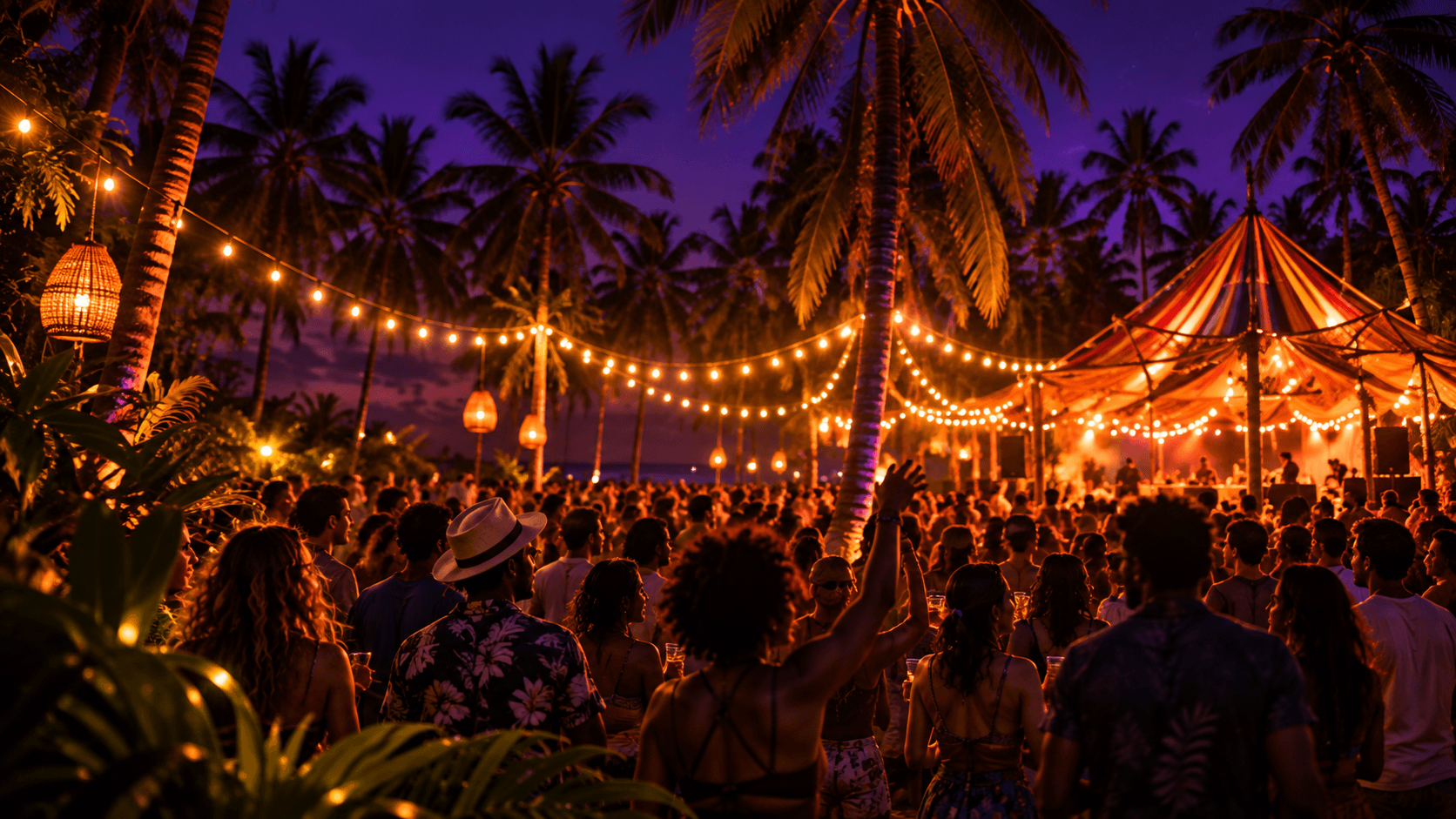 Festival gathering beneath palm trees and string lights at night