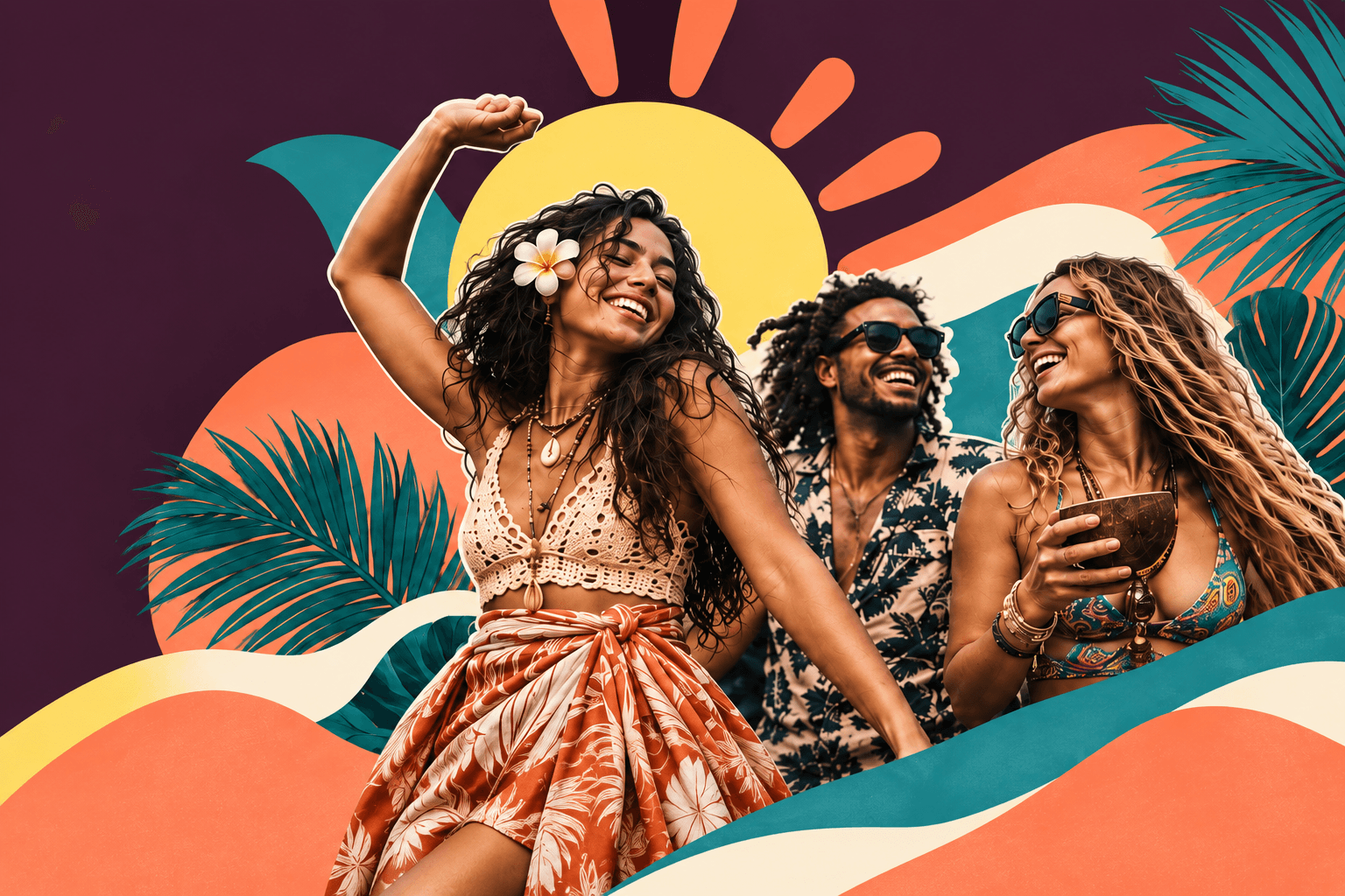 Three friends celebrating together with a coconut kava shell, sun and colorful waves